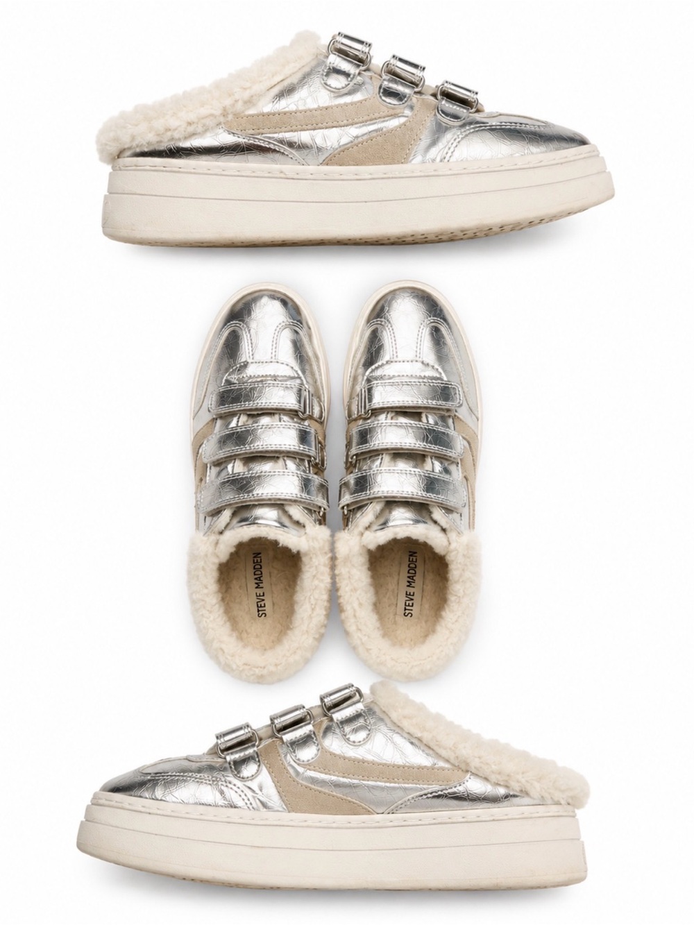 Steve Madden Metallic Silver Faux-Shearling Slip-On Sneakers size 9